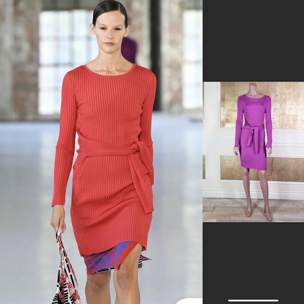 New ATLEIN violet knit midi tie front Long Sleeves sweater dress 8